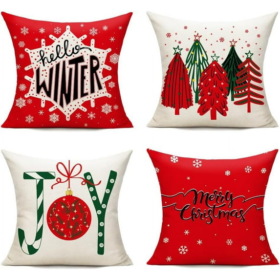 Christmas Throw Pillow Covers 20X20 Set of 4 Decorations Ornaments Holiday Outdoor Indoor Vintage Navidad Red Decor for Home Couch Bed Sofa,Reindeer Marry Tree Joy