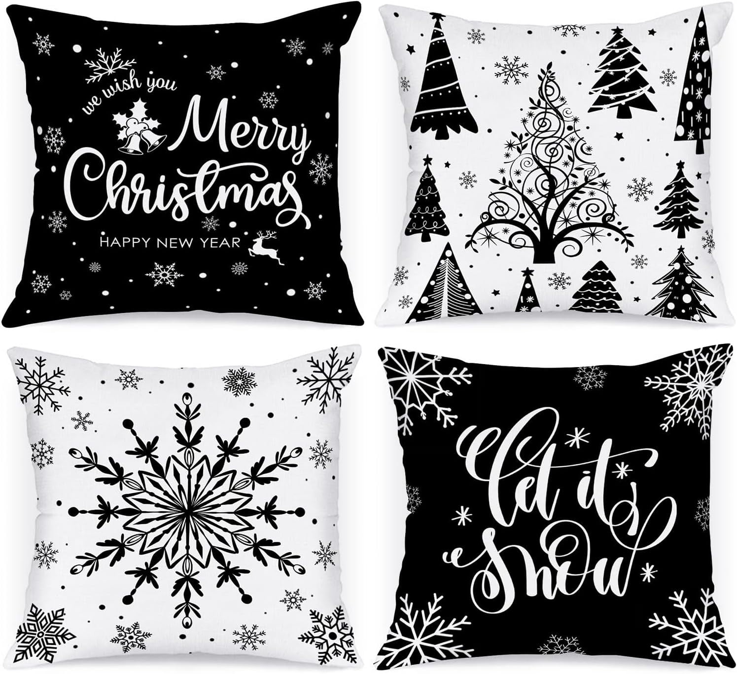 Christmas Throw Pillow Covers 20x20 4 pcs, Black White Merry Christmas Xmas Winter Snowflake Decorative Holiday Cushion Pillow Cases 20 x 20 Indoor Farmhouse Home Room Couch Sofa Decor