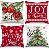 Christmas Throw Pillow Covers 20x20 Inch Set of 4, Xmas Tree Balls Merry and Bright Joy to The World Red Winter Holiday Farmhouse Decorative Cushion Cases for Home Decoration G631-20