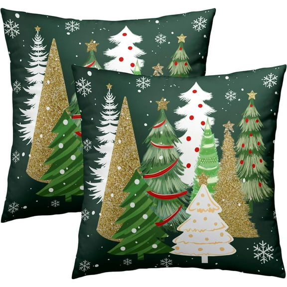 Christmas Throw Pillow Covers 20x20 Set of 2, Gold Green Xmas Trees Decorative Throw Pillows Seasonal Winter Soft Cotton Cushion Case for Sofa Couch Farmhouse Home Decor