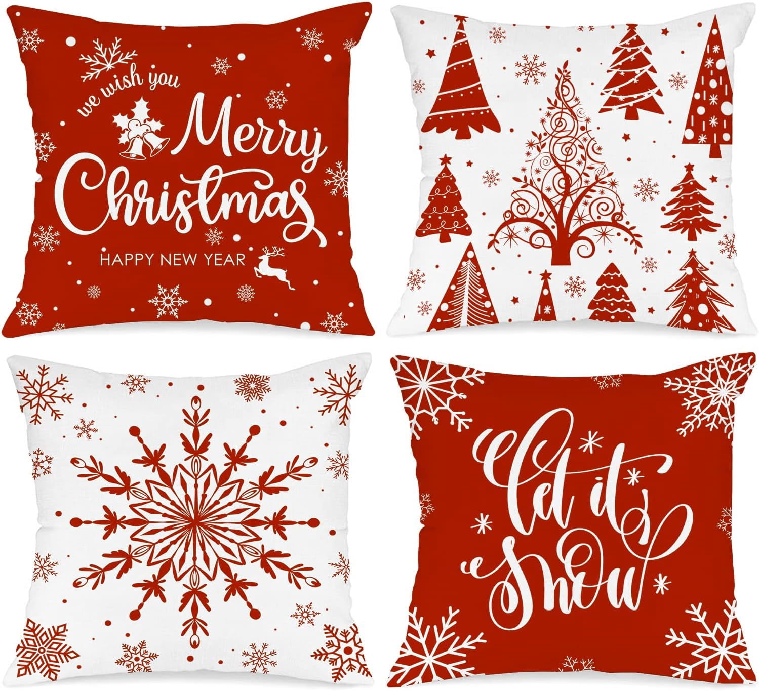Christmas Throw Pillow Covers 20x20 Set of 4, Merry Christmas Winter Xmas Snowflake Decorative Holiday Cushion Pillow Cases 20 x 20 for Outdoor Indoor Farmhouse Home Room Couch Decor (Red)