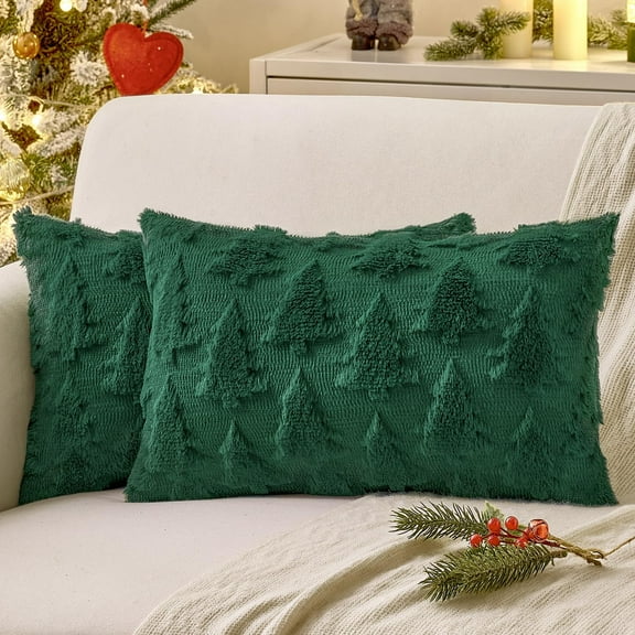 Christmas Throw Pillow Covers Dark Green Christmas Decorations Set of 2 Xmas Tree 12x20 Pillow Covers Soft Plush Faux Wool Pillowcases Holiday Festivals Winter Home Decor Sofa Couch Bed Porch