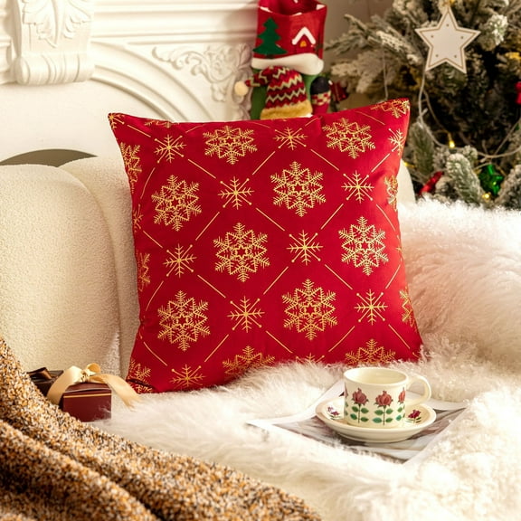 ‌Christmas Throw Pillow Covers - Red & Gold Snowflake Design,18X18in,Decorative Holiday Cushion Cases for Sofa,Couch,Winter Home Decor‌