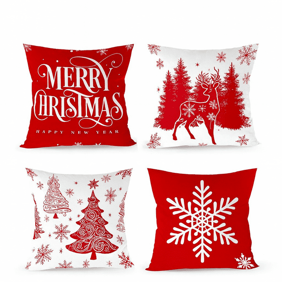 Christmas Throw Pillow Covers Set, Red and White, Peach Skin, 4 Pack, 18x18 Inch, Holiday Theme