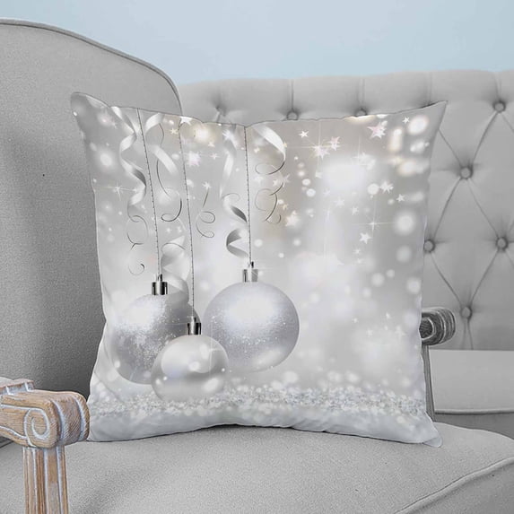 Christmas Throw Pillow Covers, Soft Pillowcases with Invisible Zipper, Xmas Silver Balls Glitter Sparkle Stars Decorative Square Pillow Cushion Covers for Living Room Couch Sofa Bed 20x20 Inches