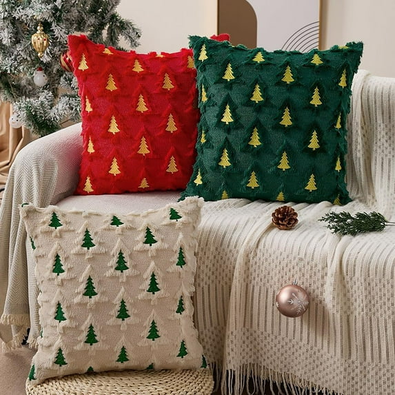 Christmas Throw Pillow Covers, Square Pillows Cover, Christmas Tree Throw Pillow Cover Decor, Throw Pillow Soft Plush Cushion Cover for Holiday Winter Home Sofa Bed Porch(18x18", 3PCS, without core)