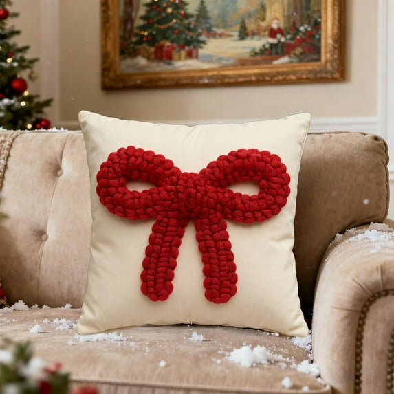 Christmas Throw Pillow Covers Valentine's Day Gift 17.7x17.7 Inches Soft Cozy Plush Square Red Bow Pillowcase With Hidden Zipper Bowknot Embroidered Cushion Covers For Sofa Bedroom Home Decor