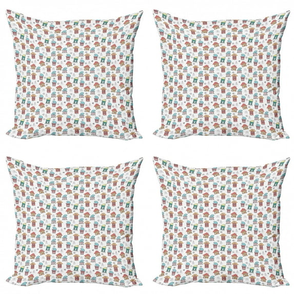 Ambesonne Christmas Throw Pillow Cover 4 Pack, Noel Theme House, 16", Multicolor