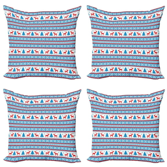 Ambesonne Christmas Throw Pillow Cover 4 Pack, Folk Knit Style Art, 24", Red Blue