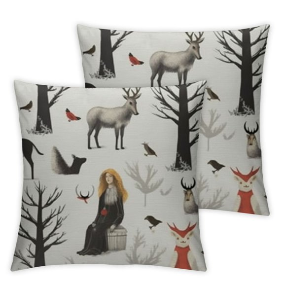 Christmas Throw Pillow Cushion Case, Reindeer Elk Among Pine Trees in Noel Winter Snowy Forest Fox Rabbit Goat, Decorative Square Accent Pillow Cover,Amber Pale Grey