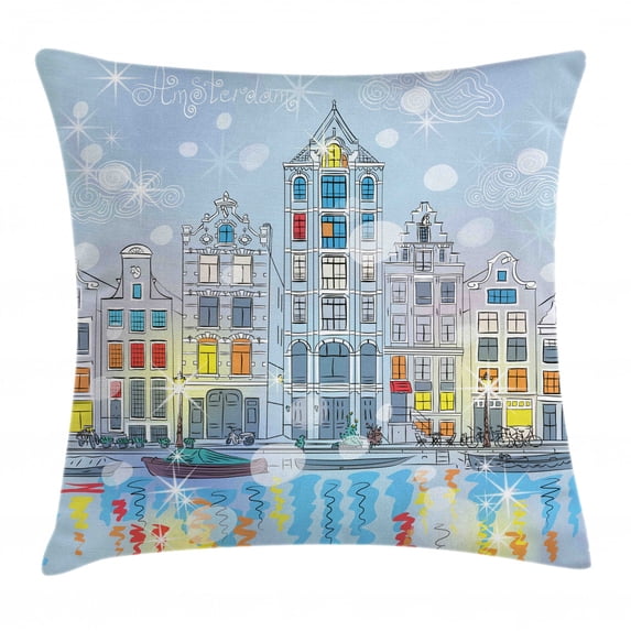 Christmas Throw Pillow Cushion Cover, Noel Time at Amsterdam Canal with Historical Famous Buildings North Europe Design, Decorative Square Accent Pillow Case, 24 X 24 Inches, Multicolor, by Ambesonne
