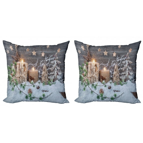 Ambesonne Christmas Throw Pillow Cover 2 Pack, Candles with Snowman Art, 24", White Brown