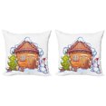 thumbnail image 1 of Ambesonne Christmas Throw Pillow Cover 2 Pack, Cartoon House, 24", Caramel Green White, 1 of 2