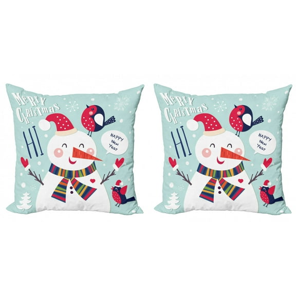 Ambesonne Christmas Throw Pillow Cover 2 Pack, Bird Snow Xmas Theme, 16", Blue White