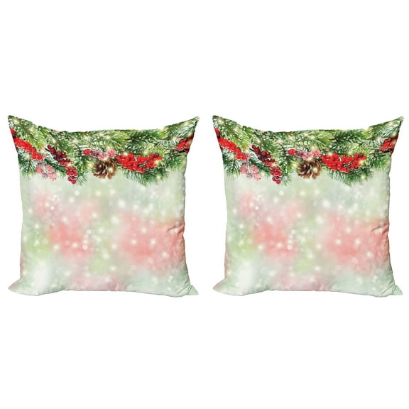 Ambesonne Christmas Throw Pillow Cover 2 Pack, Green Branches Holly, 24", Red Green Brown