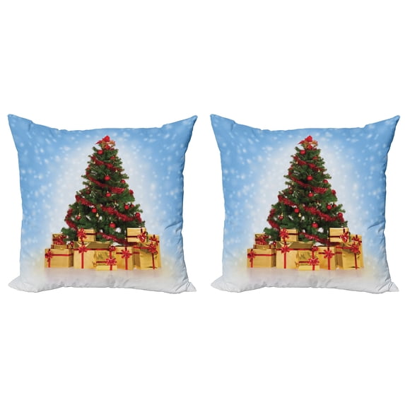 Ambesonne Christmas Throw Pillow Cover 2 Pack, Fir Tree Snowy Weather, 18", Blue and Mustard