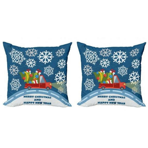 Ambesonne Christmas Throw Pillow Cover 2 Pack, Happy New Year Truck, 16", Blue Red White