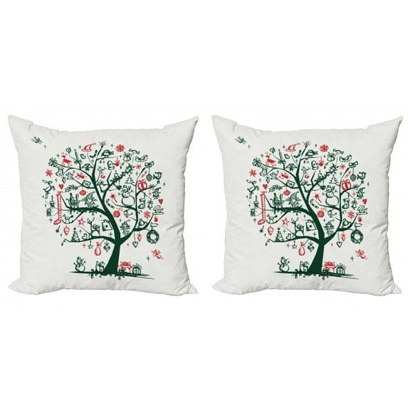 Ambesonne Christmas Throw Pillow Cover 2 Pack, Tree Ornaments Gifts, 16", Vermilion and Green