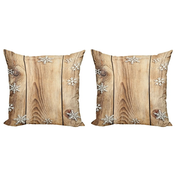 Ambesonne Christmas Throw Pillow Cover 2 Pack, Wood Plank Snowflakes, 20", Brown Pale Brown White