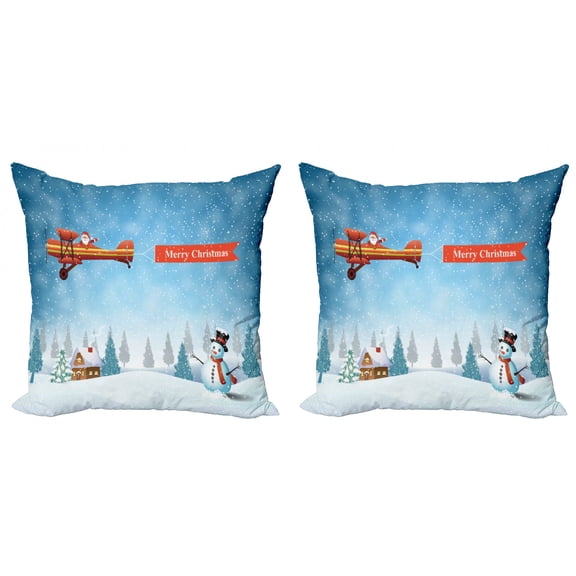 Ambesonne Christmas Throw Pillow Cover 2 Pack, Santa Plane Snowman, 18", Blue Orange