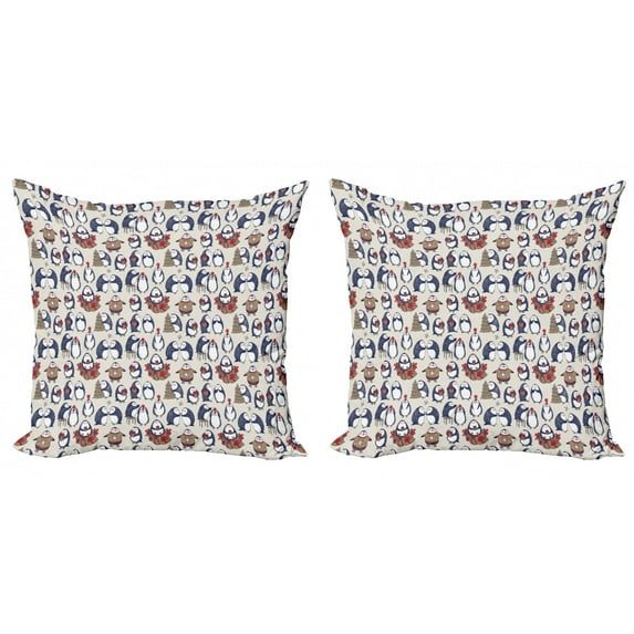 Ambesonne Christmas Throw Pillow Cover 2 Pack, Grunge Penguins Boxes, 20", Navy Blue White Umber