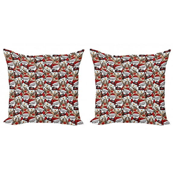 Ambesonne Christmas Throw Pillow Cover 2 Pack, Snowman Reindeer, 18", Pale Brown White and Red