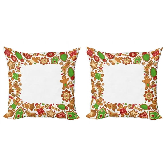 Ambesonne Christmas Throw Pillow Cover 2 Pack, Gingerbread Biscuits, 24", Green Brown and Red