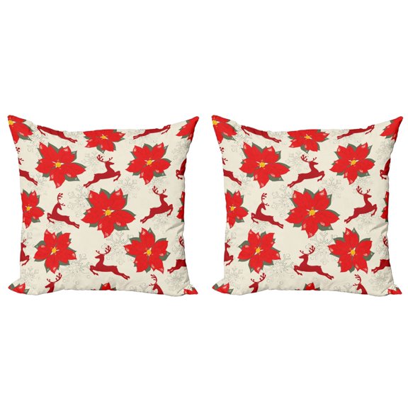 Ambesonne Christmas Throw Pillow Cover 2 Pack, Poinsettia Reindeer, 20", Scarlet Ruby Beige