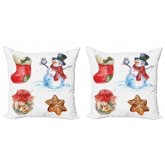 Ambesonne Christmas Throw Pillow Cover 2 Pack, Watercolor Xmas, 20", Dark Orange Pale Blue