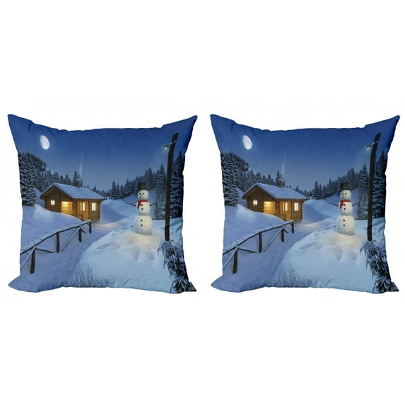Ambesonne Winter Throw Pillow Cover 2 Pack, Rustic Wood Cottage, 18", Blue White