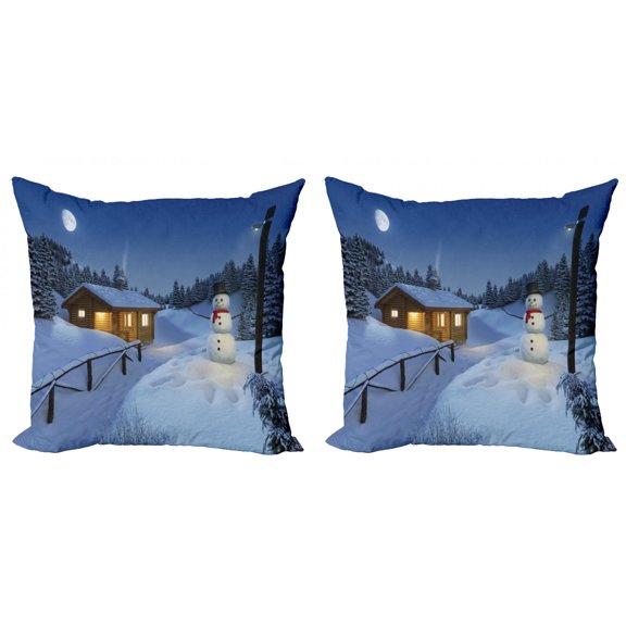 Christmas Throw Pillow Cushion Cover Pack of 2, Wooden Rustic Log Cottage Scenery in the Winter Season Warm Moonlight Spirit, Zippered Double-Side Digital Print, 4 Sizes, Blue White, by Ambesonne