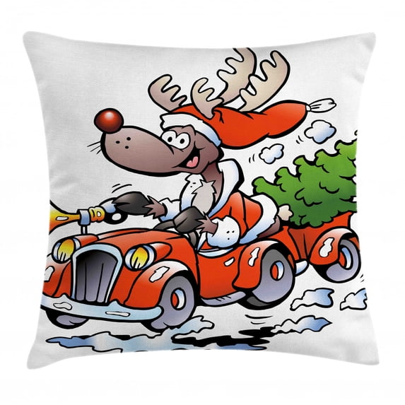 Christmas Throw Pillow Cushion Cover, Reindeer Racing in Red Vintage Car with Xmas Tree Horn Santa Hat Winter, Decorative Square Accent Pillow Case, 16 X 16 Inches, White Red Green, by Ambesonne