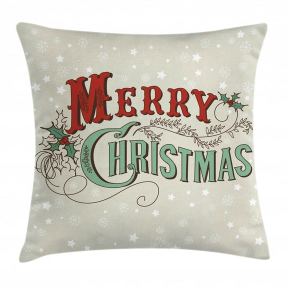 Christmas Throw Pillow Cushion Cover, Stars and Snowflakes Backdrop with Stylized Retro Lettering, Decorative Square Accent Pillow Case, 16 X 16 Inches, Almond Green Red Pale Grey, by Ambesonne
