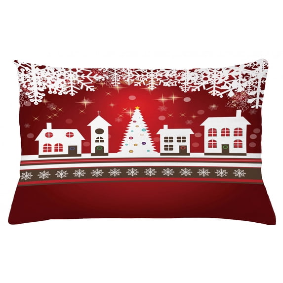 Christmas Throw Pillow Cushion Cover, Winter Holidays Theme Gingerbread House Trees and Snowflakes Artwork Print, Decorative Rectangle Accent Pillow Case, 26" X 16", White Red, by Ambesonne