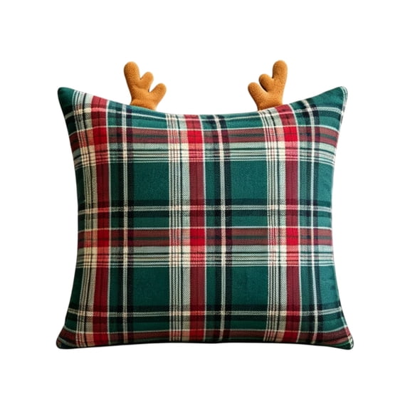 Christmas Throw Pillow for Holiday Decor, 18x18 Inch Plaid Cushion with Plush Reindeer Antlers, Festive Accent for Couch Bed Sofa, Cozy Winter Home Decoration