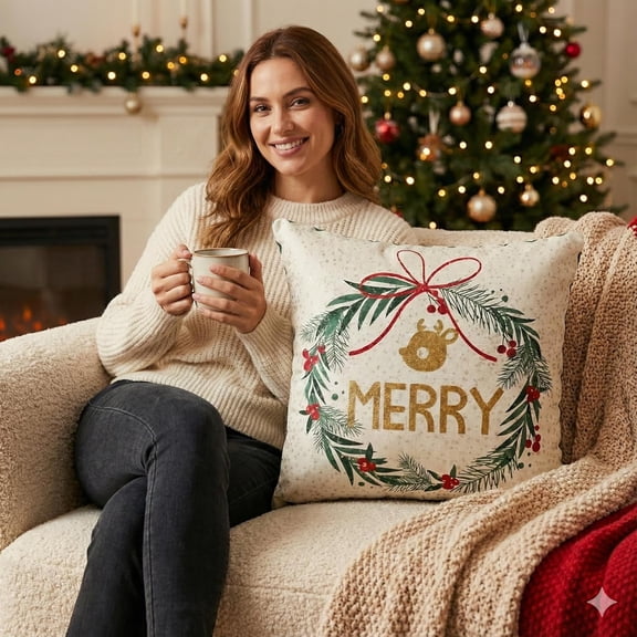 Christmas Throw Pillow , Merry Wreath Design, Gold and Green, Holiday Decor Cushion, filled insert included Festive Home Accent for Sofa/Bed (1Pack)