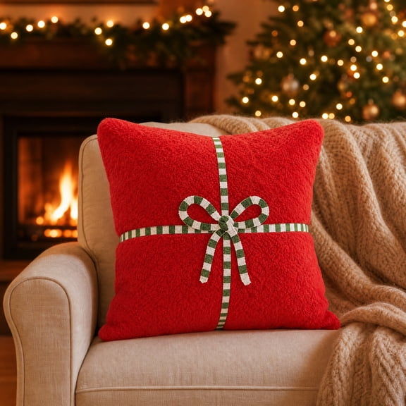 Christmas Throw Pillow with Striped Bow Gift Box Design - Soft Fuzzy for Sofa Couch Home Decor