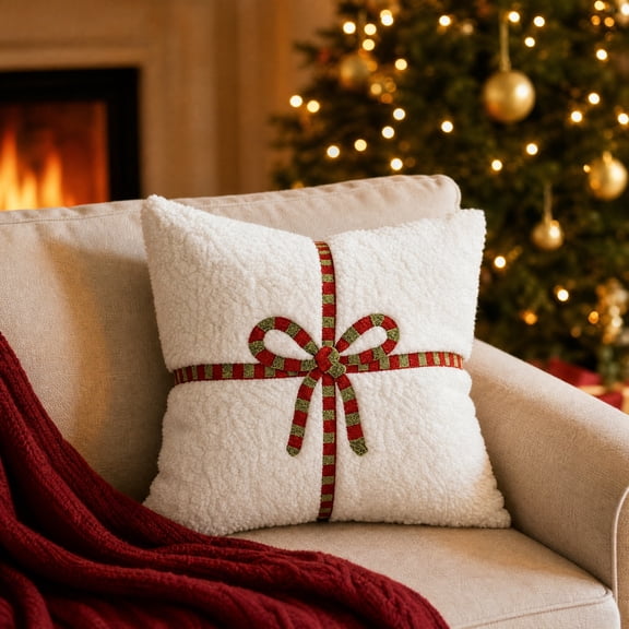Christmas Throw Pillow with Striped Bow Gift Box Design - Soft Fuzzy for Sofa Couch Home Decor