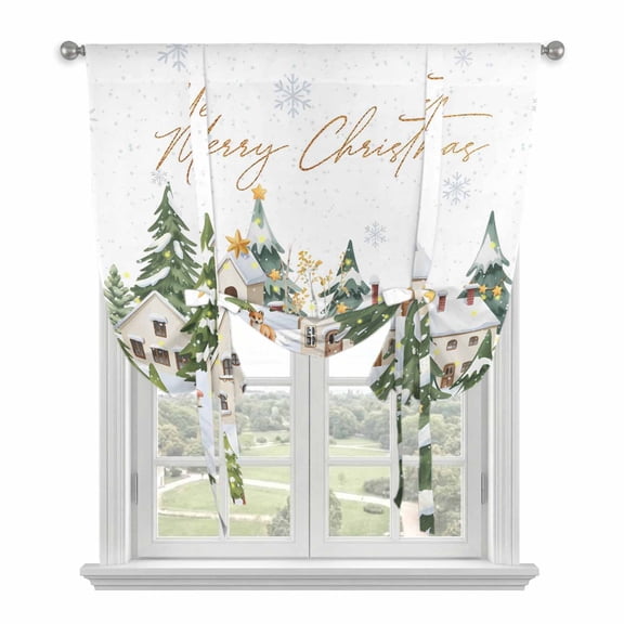 Christmas Tie Up Curtains 45 Inches Long, Kitchen Window Curtains Over Sink, Winter Xmas Trees Snowflakes Country Cabin Small Window Curtains Shade Balloon Curtains Valances for Bedroom/Cafe 34"x45"