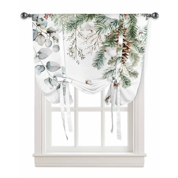 Christmas Tie Up Curtains for Window, Pinecone Eucalyptus Leaves Xmas Botanical Thermal Insulted Balloon Shade Adjustable Rod Pocket Curtains Valance Panels for Kitchen Bathroom Café 42 x 54