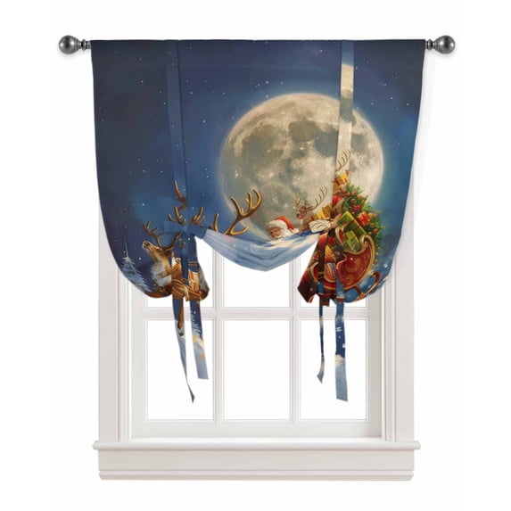 Christmas Tie Up Curtains for Window, Blue Xmas Tree Santa Elk Moon Night Thermal Insulted Balloon Shade Adjustable Rod Pocket Curtains Valance Panels for Kitchen Bathroom Café 42 x 45
