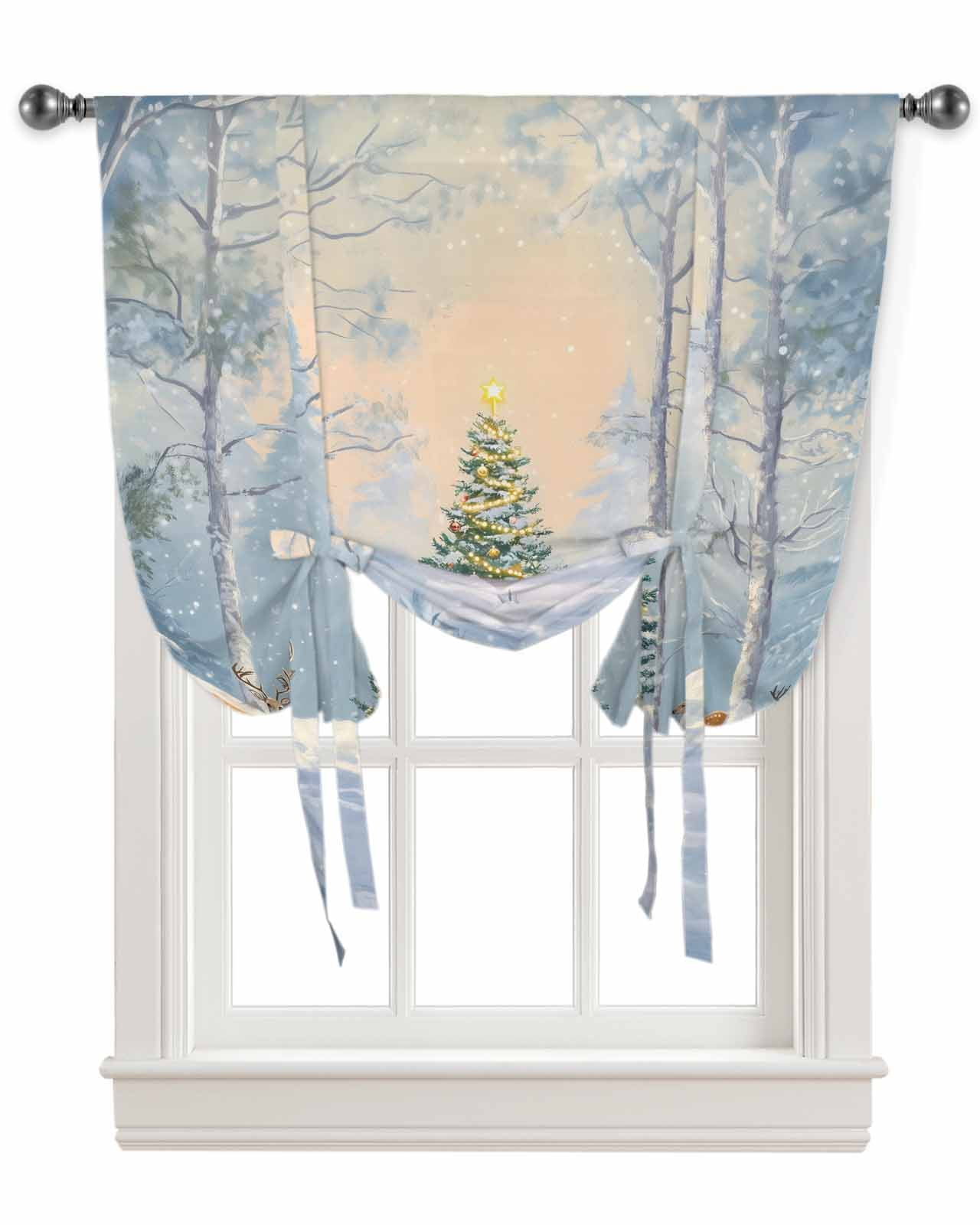 Christmas Tie Up Curtains for Window, Xmas Tree Elk Snowflake Thermal