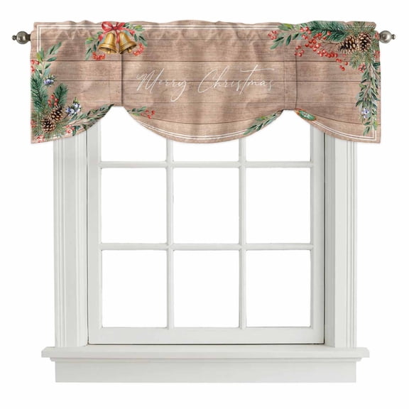 Christmas Tie Up Valance Curtains for Windows, Kitchen Curtains Window Treatments, Pine Cones Botanical Xmas Vintage Short Window Shades Valances for Bedroom Bathroom Cafe 42"x12"