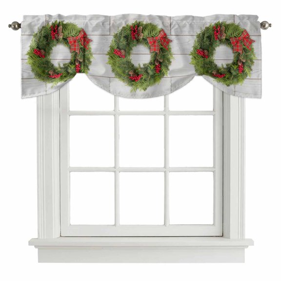 Christmas Tie Up Valance Curtains for Windows, Kitchen Curtains Window Treatments, Winter Xmas Pine Cones Needles Bow Wooden Grain Short Window Shades Valances for Bedroom Bathroom Cafe 42"x12"