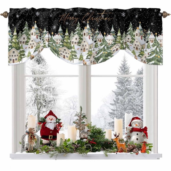 Christmas Tie Up Valances Curtain, Christmas Tree Houses Fox Winter Adjustable Rod Pocket Short Window Treatment Tie Up Curtains Valances for Kitchen Living Room Bathroom 42x12 In