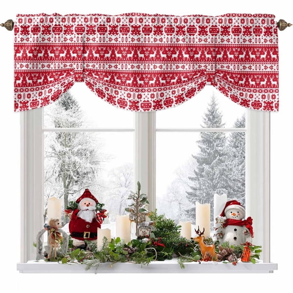 Christmas Tie Up Valances Curtain, Red Simple Elk Snowflake Winter Cartoon Texture Adjustable Rod Pocket Short Window Treatment Tie Up Curtains Valances for Kitchen Living Room Bathroom 60x18 Inches