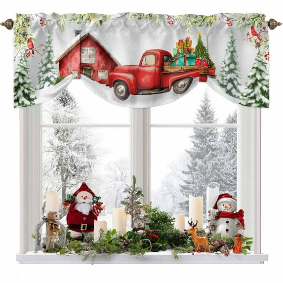 Christmas Tie Up Valances Curtain, Red Truck Cardinal Bird Farmhouse Winter Adjustable Rod Pocket Short Window Treatment Tie Up Curtains Valances for Kitchen Living Room Bathroom 42x18 Inches