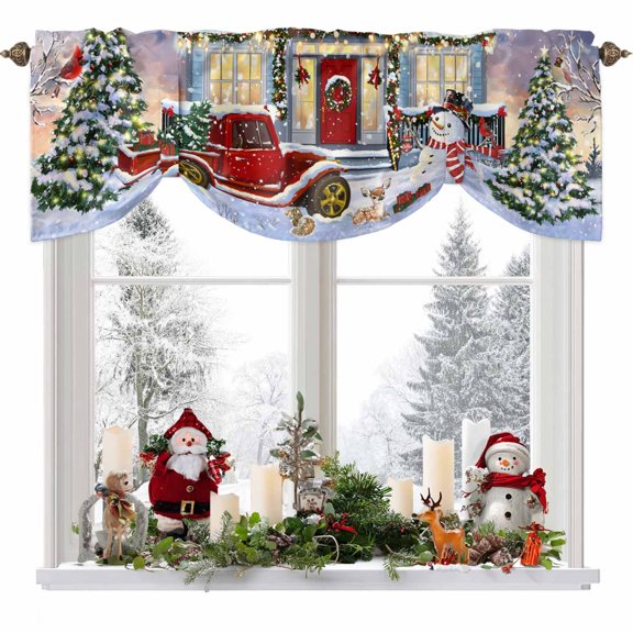 Christmas Tie Up Valances Curtain, Snowman Truck Bird Pine Tree House Winter Snow Scene Adjustable Rod Pocket Short Window Treatment Tie Up Curtains Valances for Kitchen Living Room Bathroom 42x12 In