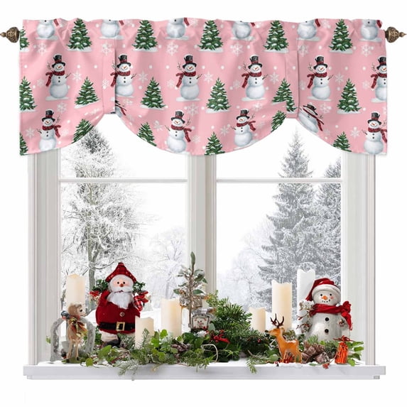 Christmas Tie Up Valances Curtain, Winter Snowman Christmas Tree Snowflakes Pink Adjustable Rod Pocket Short Window Treatment Tie Up Curtains Valances for Kitchen Living Room Bathroom 42x12 Inches