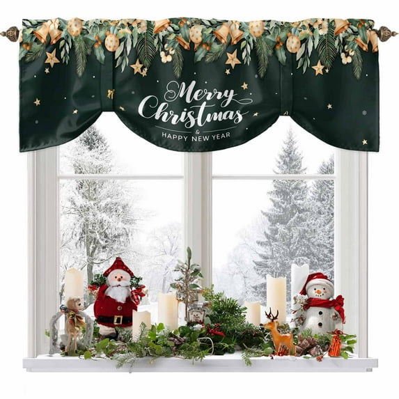 Christmas Tie Up Valances Curtain, Xmas Gold Bell Star Berry Bowknot Green Leaf Green Adjustable Rod Pocket Short Window Treatment Tie Up Curtains Valances for Kitchen Living Room Bathroom 42x12 In